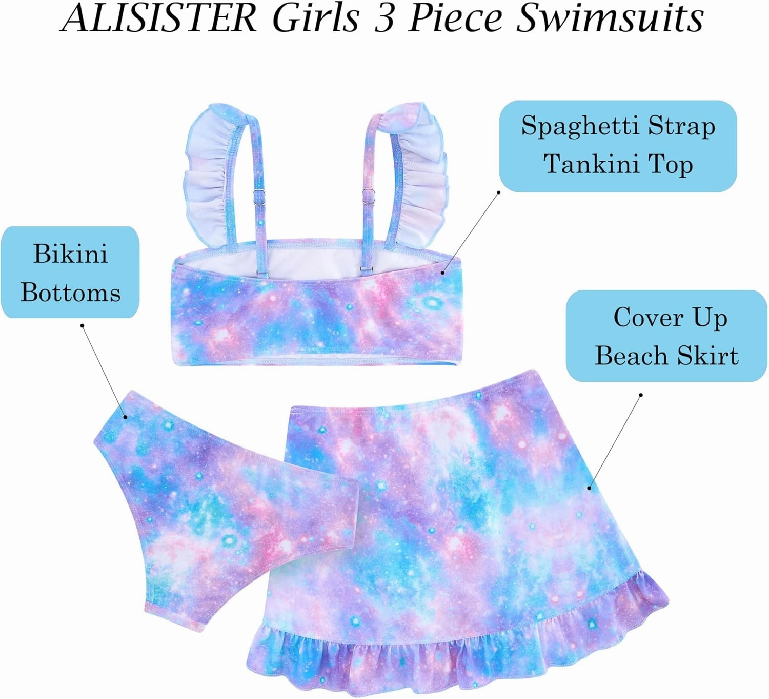 ALISISTER Girls Bathing Suits 3 Piece Swimsuit Summer Bikini Tankini Sets with Cover Up Skirt for 5-12 Years