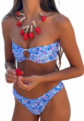 Alyweatry Women Floral Bandeau Bikini Set O Ring Strapless Tie Back Bikini Top High Cut Cheeky Thong Bathing Suit