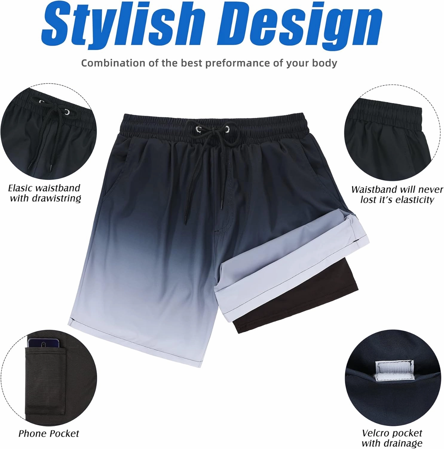American Trends Men's Swim Trunks Board Shorts Quick Dry Mens Swimming Trunks with Compression Liner