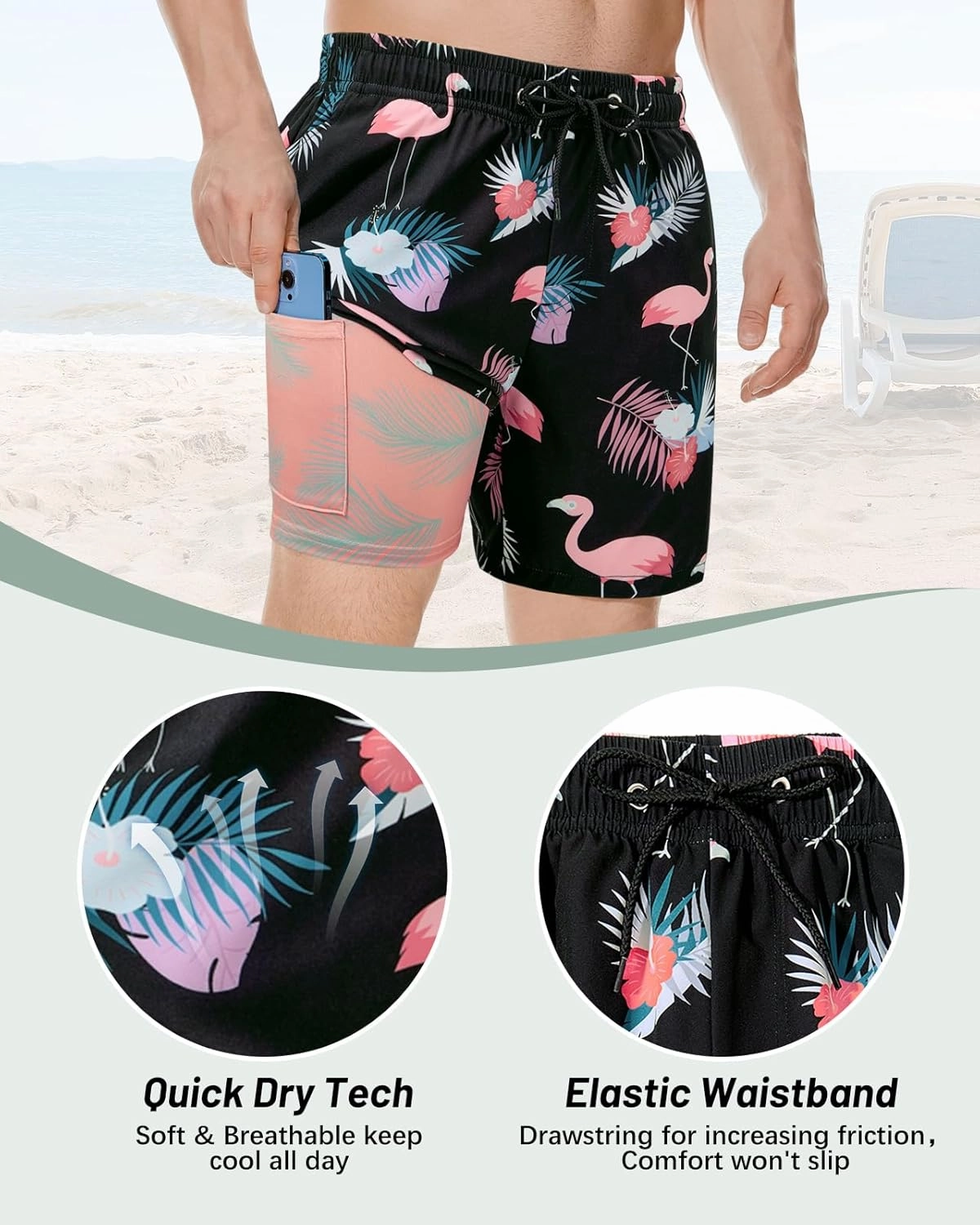 American Trends Men's Swim Trunks Board Shorts Quick Dry Mens Swimming Trunks with Compression Liner