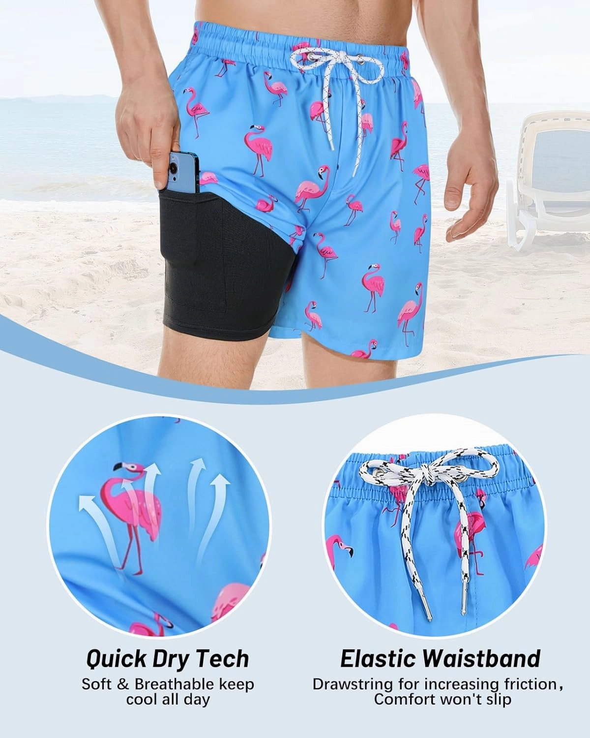 American Trends Men's Swim Trunks Board Shorts Quick Dry Mens Swimming Trunks with Compression Liner
