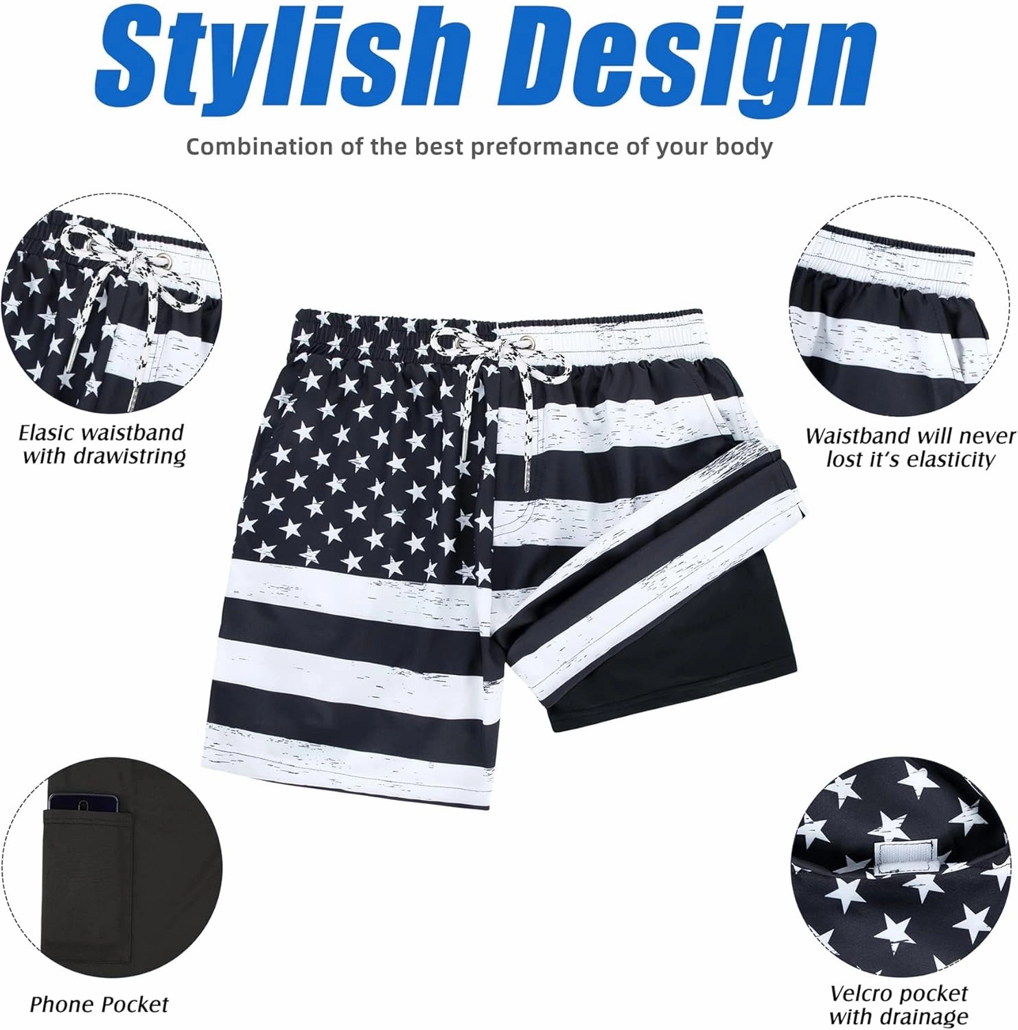 American Trends Mens Swim Trunks with Compression Liner Board Shorts for Men Quick Dry Swimsuits Bathing Suit Swimwear M-XXL