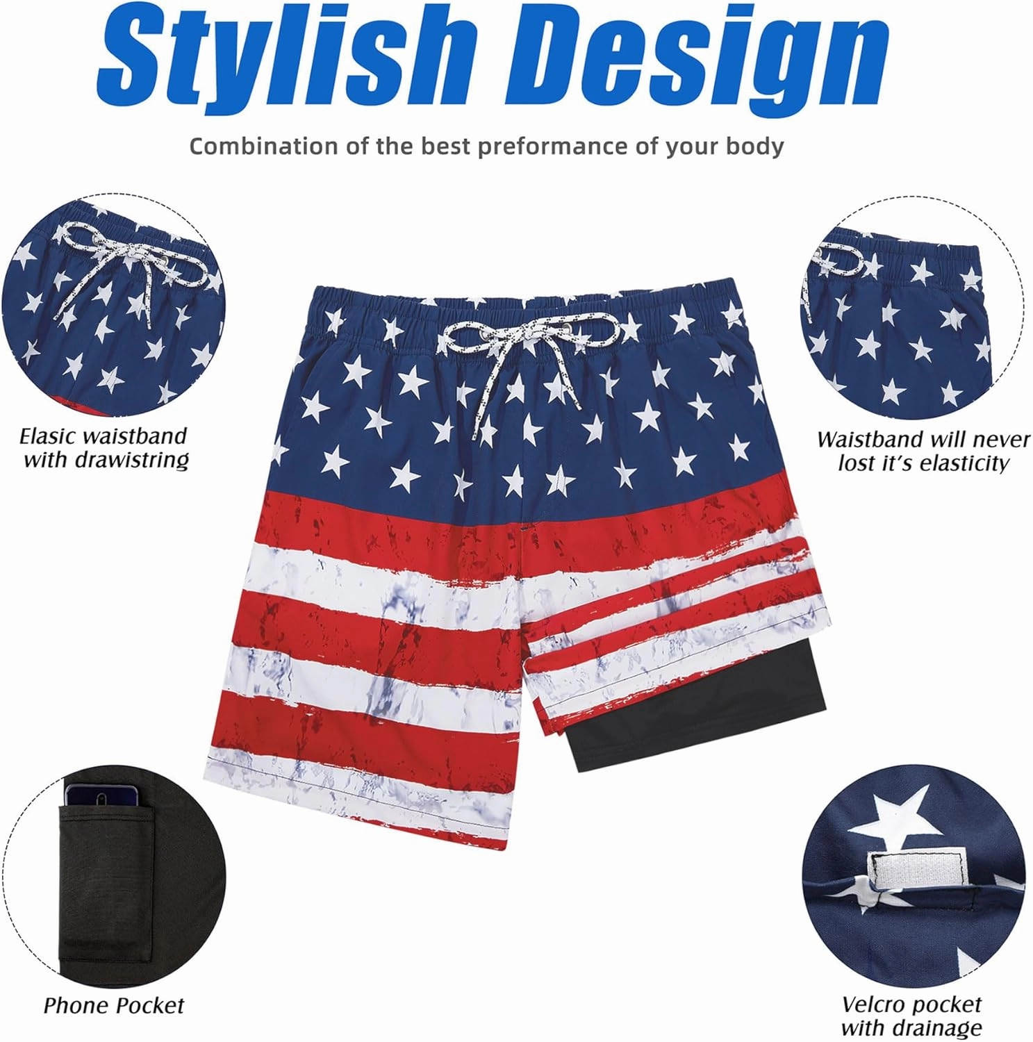 American Trends Mens Swim Trunks with Compression Liner Board Shorts for Men Quick Dry Swimsuits Bathing Suit Swimwear M-XXL