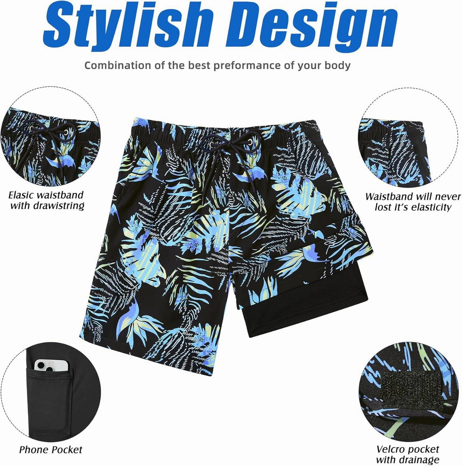 American Trends Mens Swim Trunks with Compression Liner Board Shorts for Men Quick Dry Swimsuits Bathing Suit Swimwear M-XXL