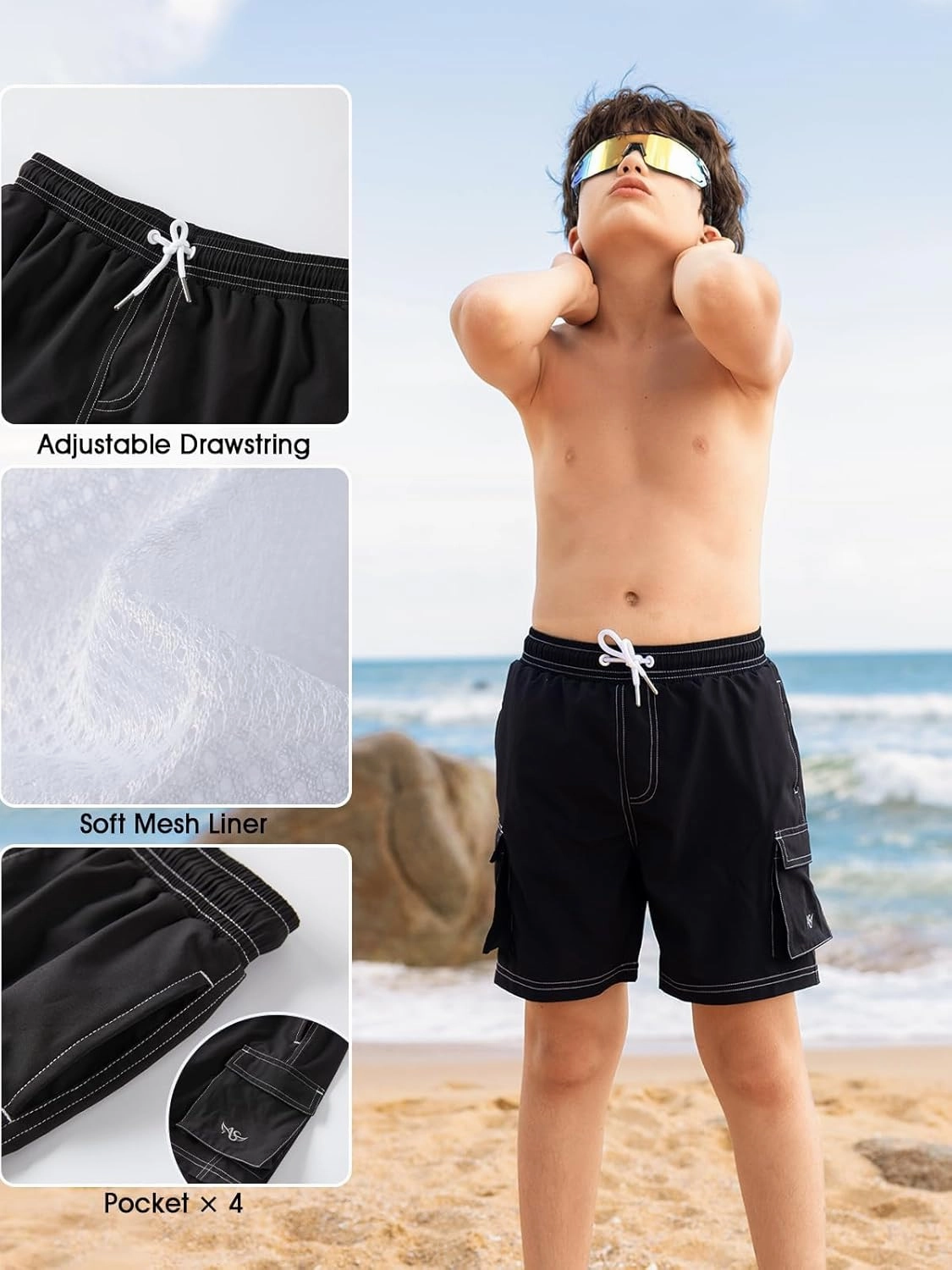 Angel season Boys Swim Trunks Drawstring Quick Dry Beach Board Shorts Mesh Lining Lightweight Seaside Bathing Suit 7-14