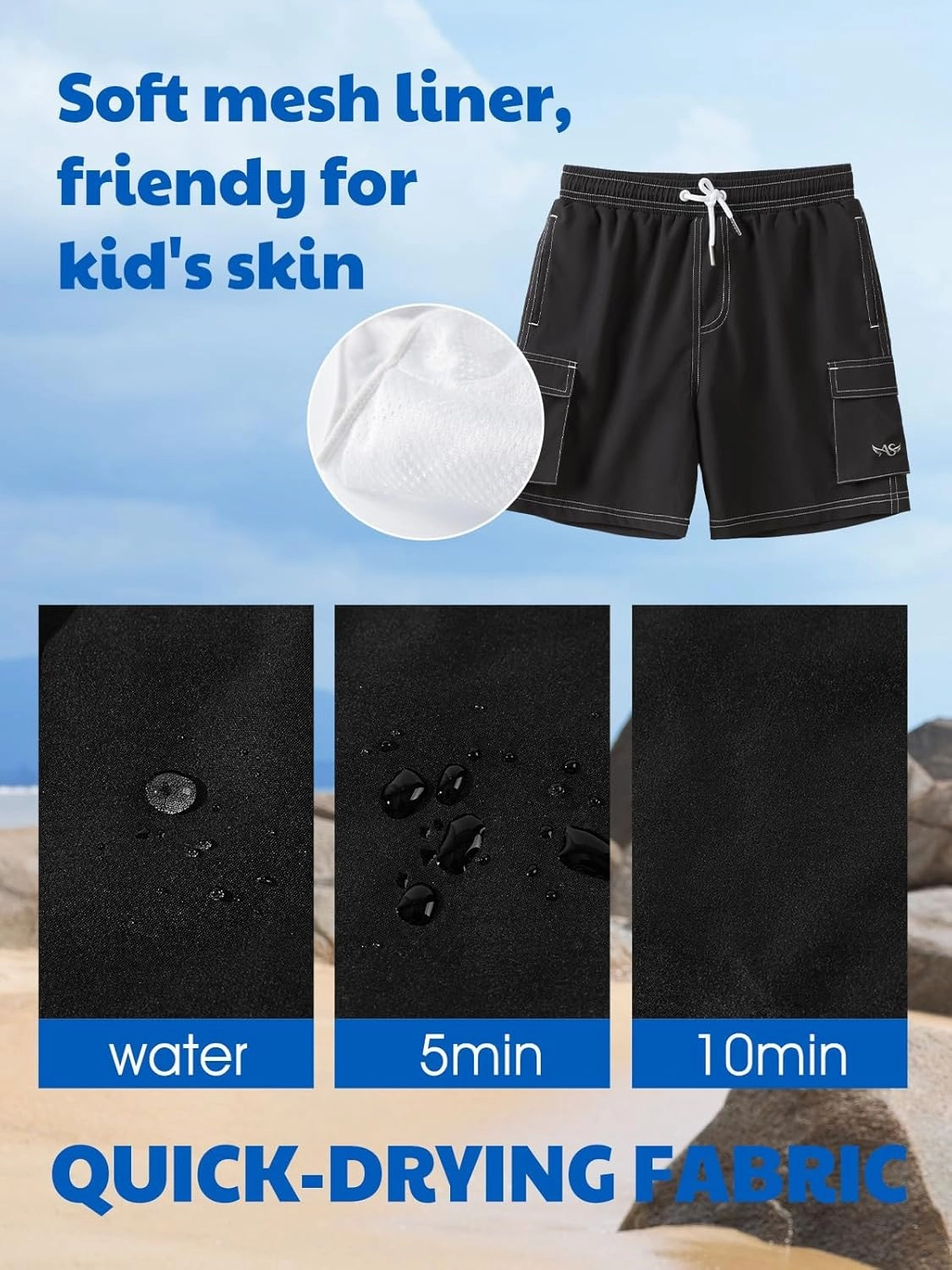 Angel season Boys Swim Trunks Drawstring Quick Dry Beach Board Shorts Mesh Lining Lightweight Seaside Bathing Suit 7-14