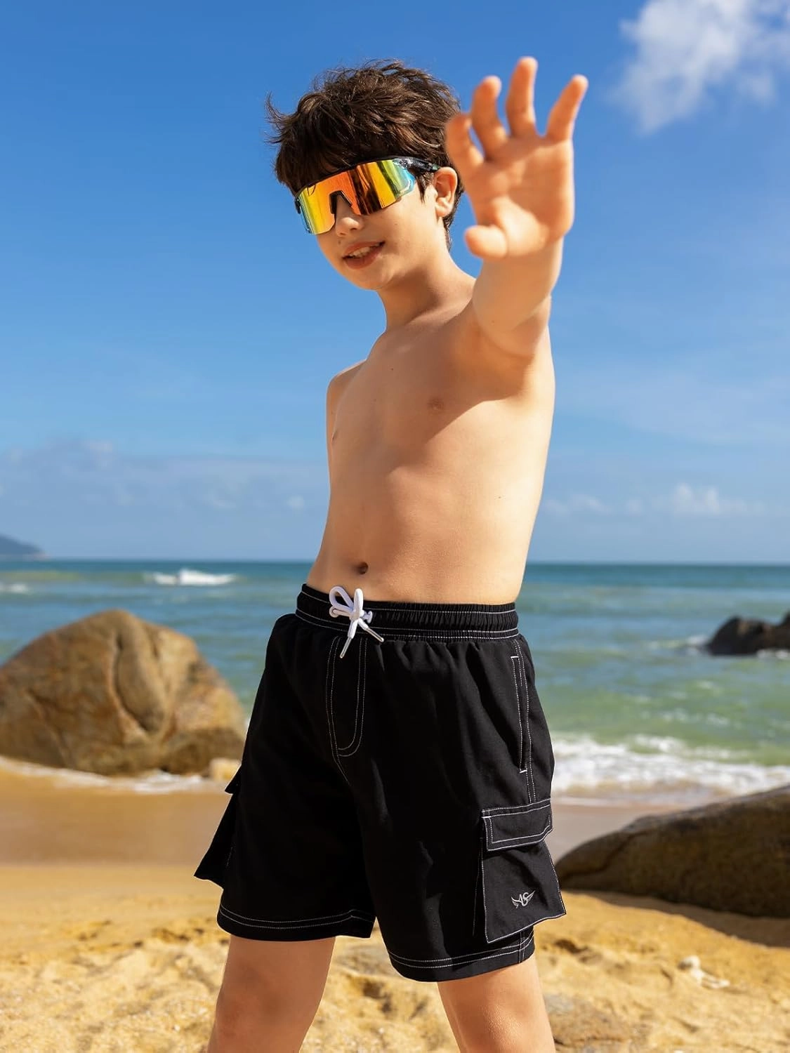 Angel season Boys Swim Trunks Drawstring Quick Dry Beach Board Shorts Mesh Lining Lightweight Seaside Bathing Suit 7-14