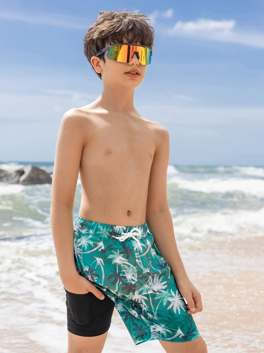Angel season Boys Swim Trunks with Compression Liner Boxer Brief Teens Swimsuit Youth UPF 50  Board Short Size 7-14Years