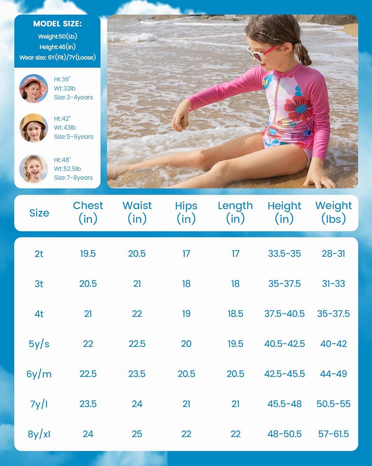 Angel season Girls Long Sleeve Swimsuits One Piece Rash Guard Bathing Suit UPF50  Toddler Kids Zipper Swimwear Size 2-10