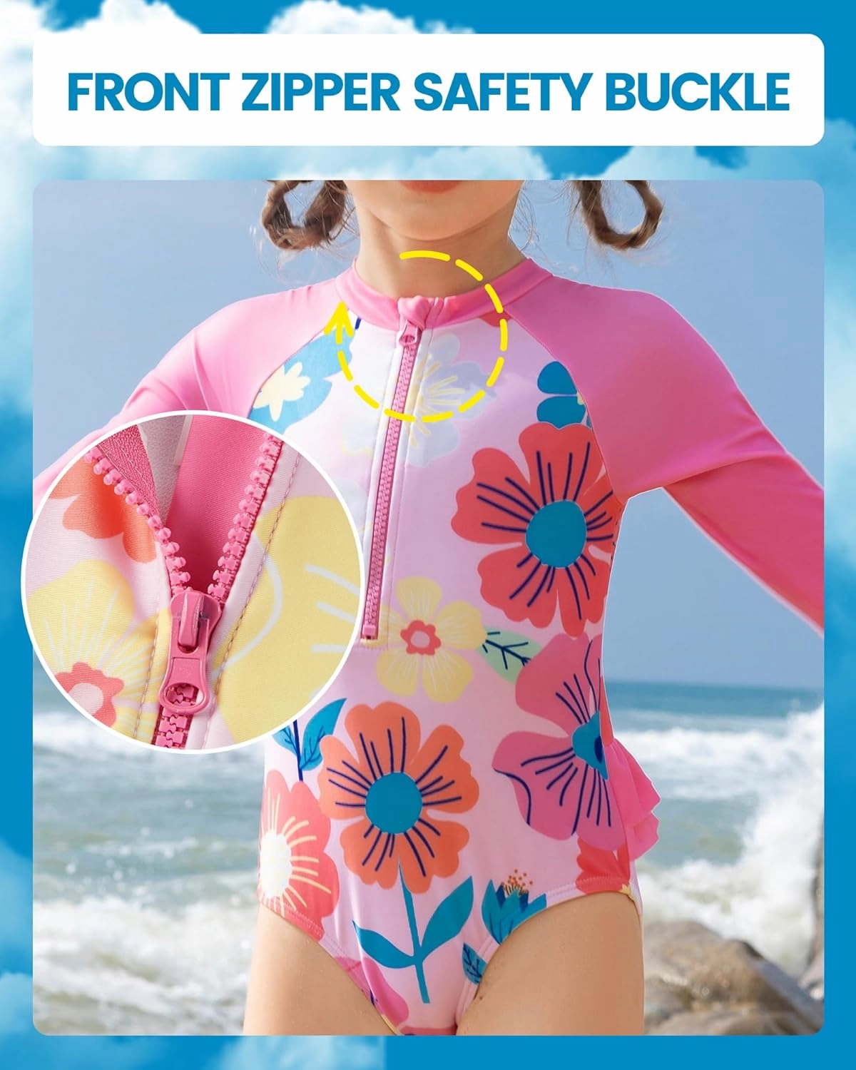 Angel season Girls Long Sleeve Swimsuits One Piece Rash Guard Bathing Suit UPF50  Toddler Kids Zipper Swimwear Size 2-10