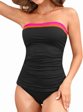 Aqua Eve Bandeau Swimsuits for Women Two Piece Bathing Suits Ruched Tummy Control Tankini Sets Strapless Swimwear