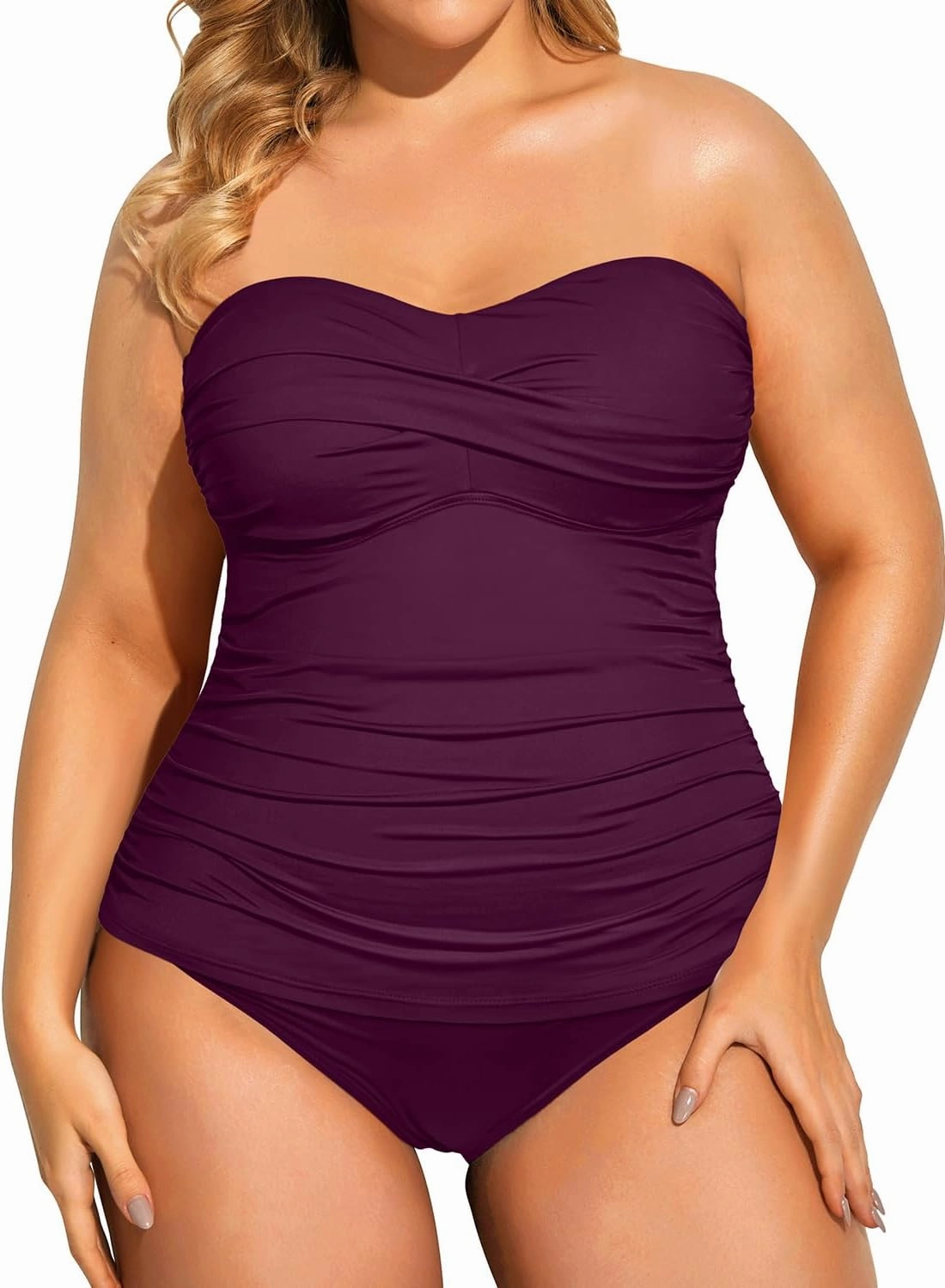 Aqua Eve Women Two Piece Plus Size Tankini Strapless Bathing Suits Bandeau Swimsuits with High Waisted Bottom