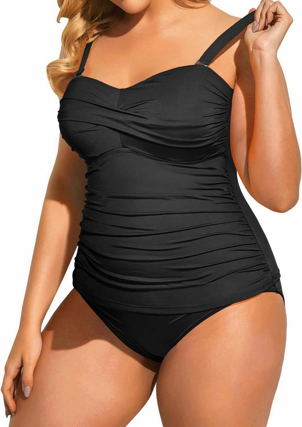 Aqua Eve Women Two Piece Plus Size Tankini Strapless Bathing Suits Bandeau Swimsuits with High Waisted Bottom