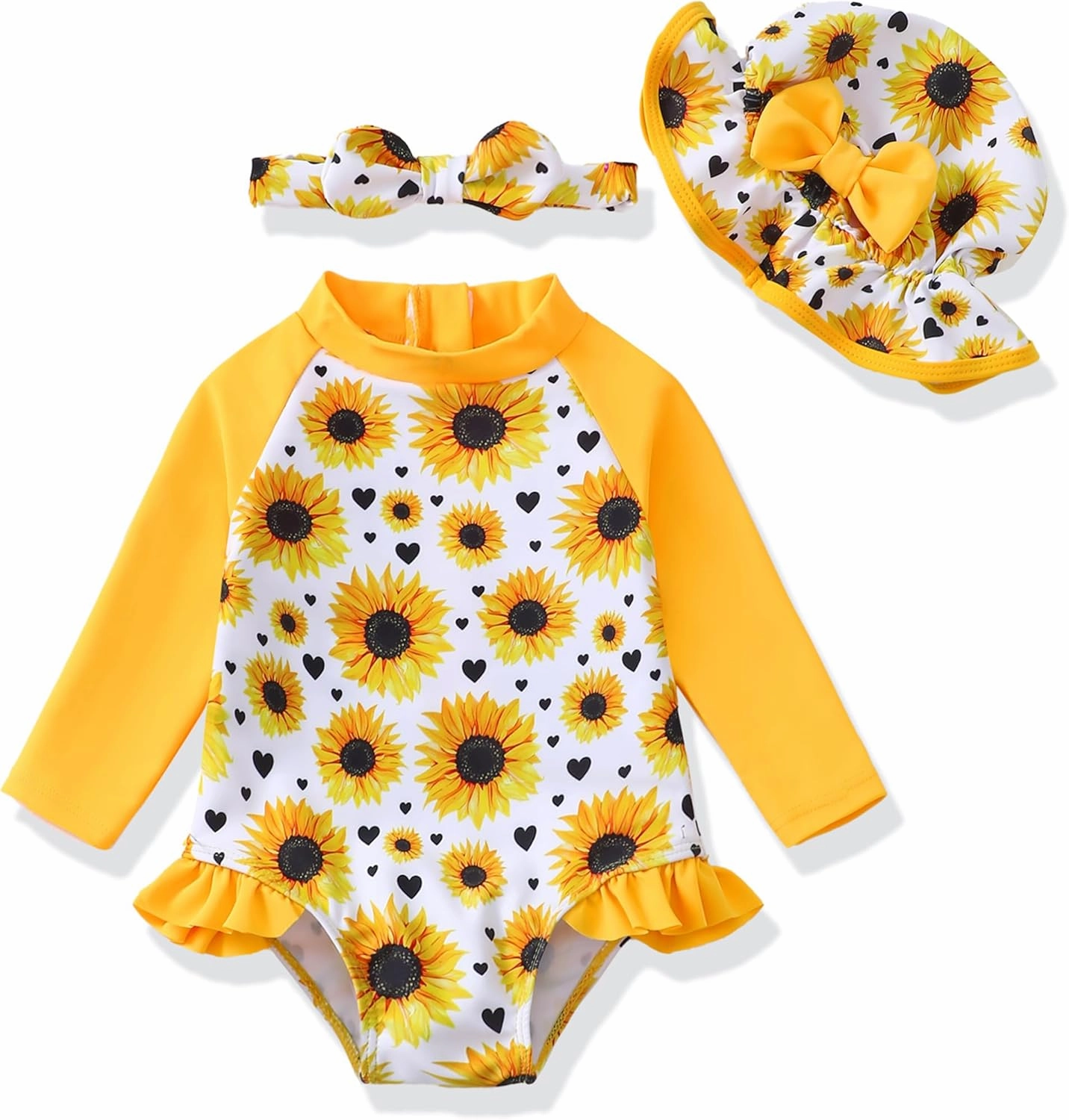 Baby Girl Swimsuit Long Sleeve One-Piece Swimwear with Hat Rash Guard Ruffle Floral Zipper Beach Infant Bathing Suit