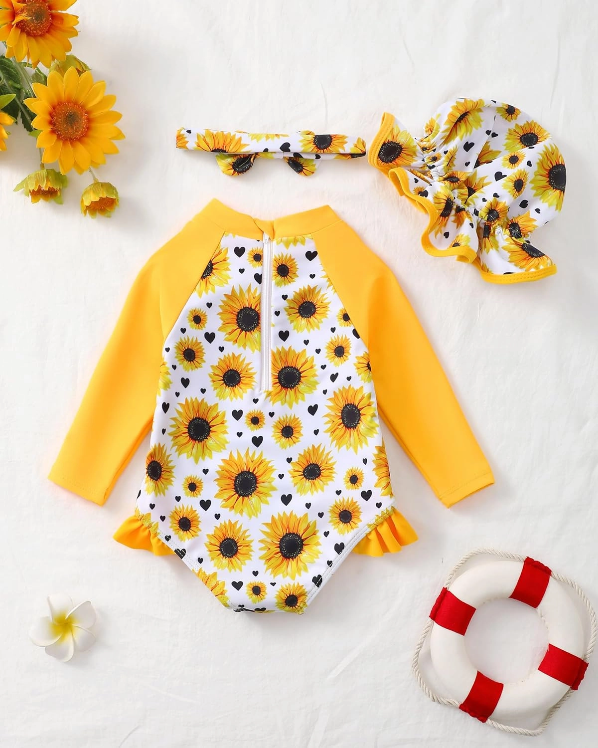Baby Girl Swimsuit Long Sleeve One-Piece Swimwear with Hat Rash Guard Ruffle Floral Zipper Beach Infant Bathing Suit