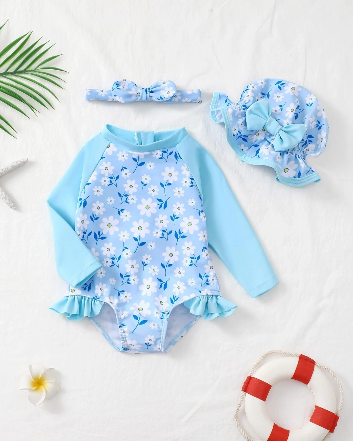 Baby Girl Swimsuit Long Sleeve One-Piece Swimwear with Hat Rash Guard Ruffle Floral Zipper Beach Infant Bathing Suit