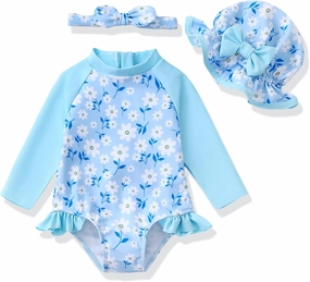 Baby Girl Swimsuit Long Sleeve One-Piece Swimwear with Hat Rash Guard Ruffle Floral Zipper Beach Infant Bathing Suit