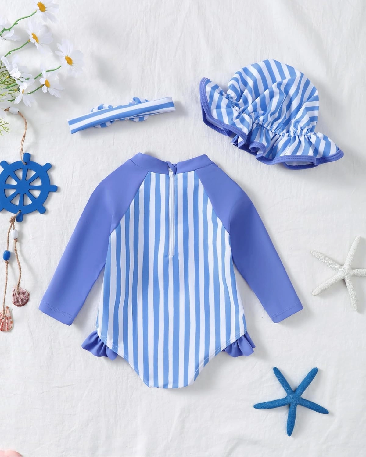 Baby Girl Swimsuit Long Sleeve One-Piece Swimwear with Hat Rash Guard Ruffle Floral Zipper Beach Infant Bathing Suit