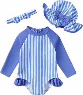 Baby Girl Swimsuit Long Sleeve One-Piece Swimwear with Hat Rash Guard Ruffle Floral Zipper Beach Infant Bathing Suit