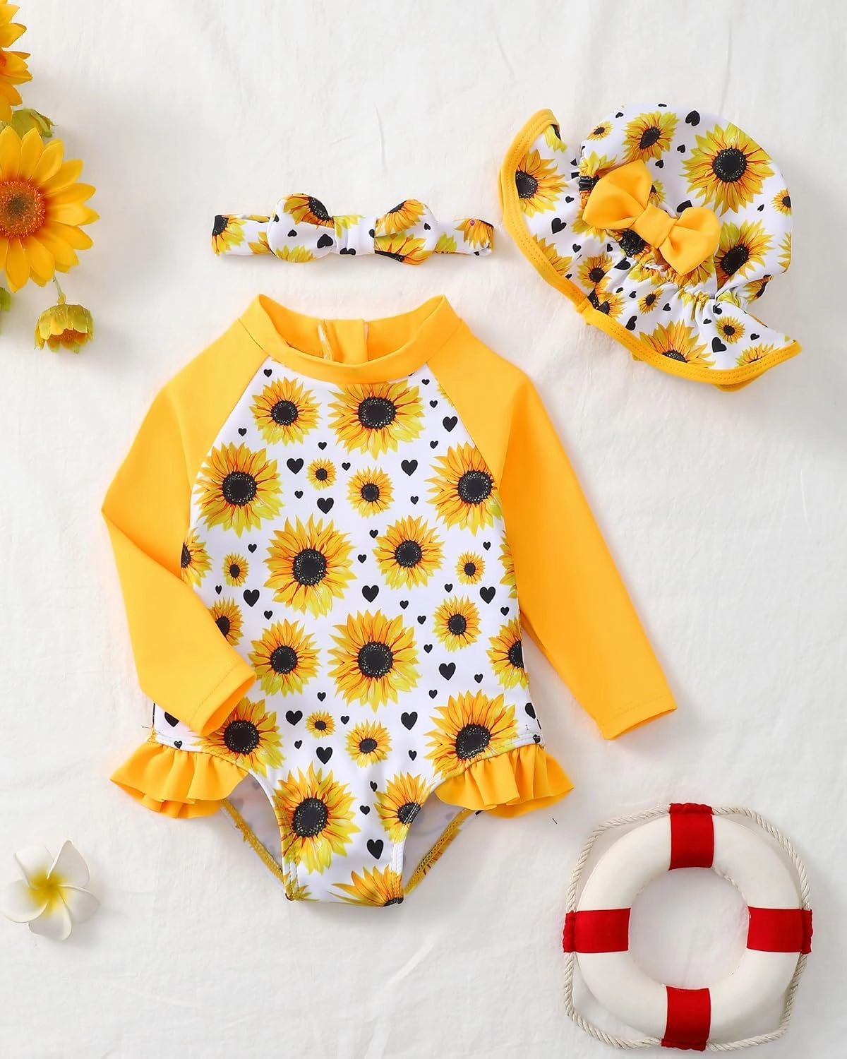 Baby Girl Swimsuit Long Sleeve One-Piece Swimwear with Hat Rash Guard Ruffle Floral Zipper Beach Infant Bathing Suit