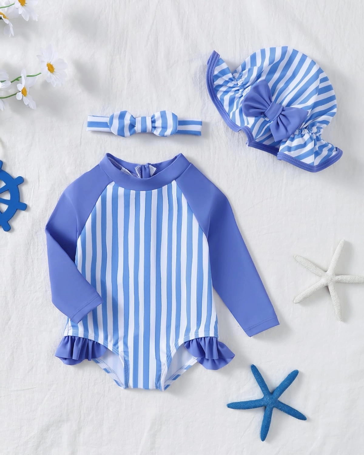 Baby Girl Swimsuit Long Sleeve One-Piece Swimwear with Hat Rash Guard Ruffle Floral Zipper Beach Infant Bathing Suit