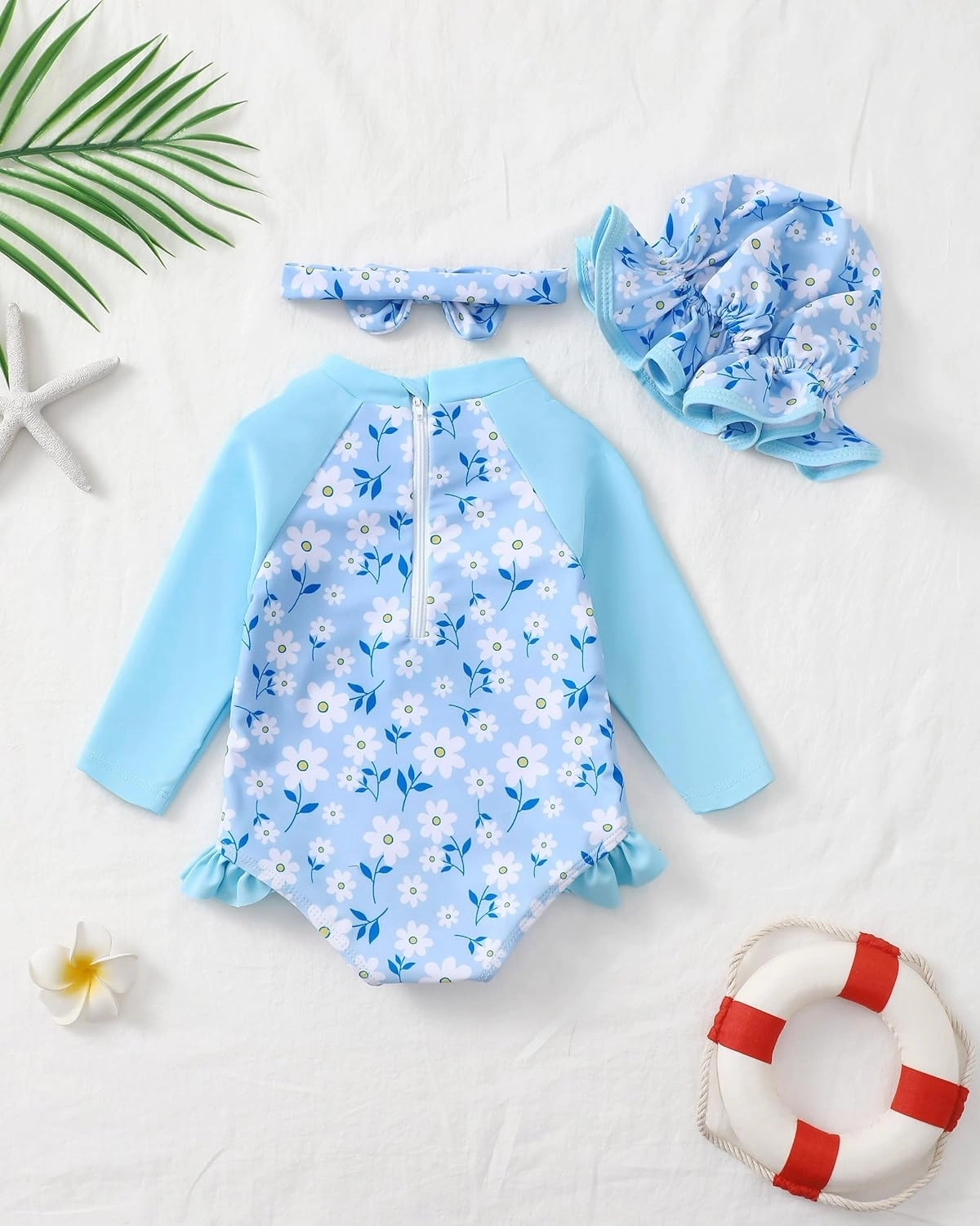 Baby Girl Swimsuit Long Sleeve One-Piece Swimwear with Hat Rash Guard Ruffle Floral Zipper Beach Infant Bathing Suit
