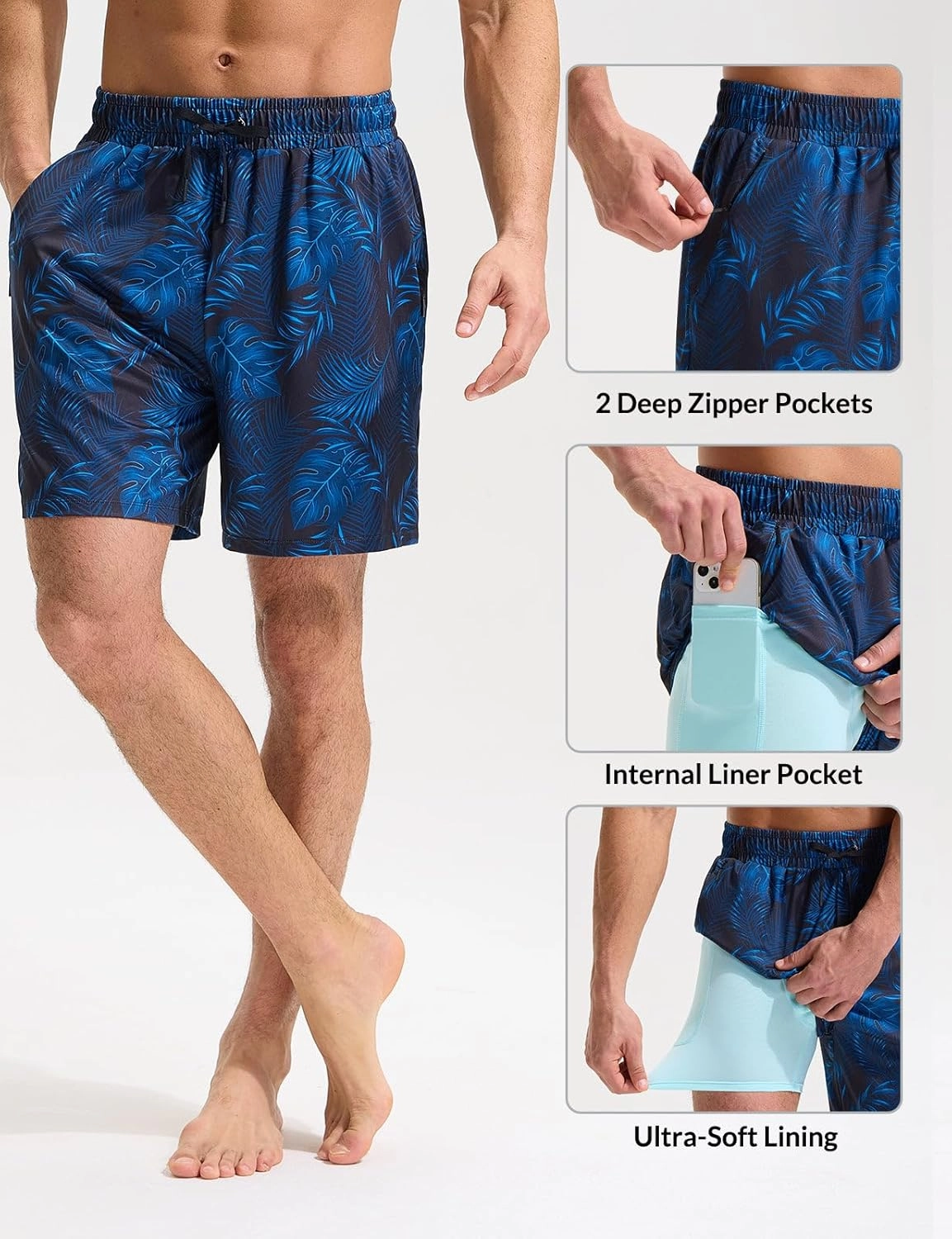 baleaf Mens Swim Trunks with Compression Liner 5 & 7 inch Quick Dry Bathing Suit Swim Shorts with Zippered Pockets