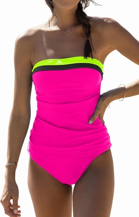 Beachsissi Bandeau Swimsuits for Women Strapless Swimwear Bathing Suits Tummy Control Color Block Tankini Sets