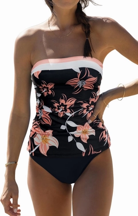 Beachsissi Bandeau Swimsuits for Women Strapless Swimwear Bathing Suits Tummy Control Color Block Tankini Sets