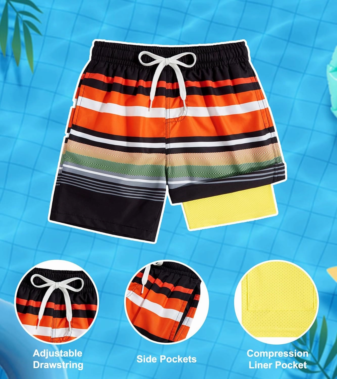 Belovecol Boys Swim Trunks with Compression Liner Anti-Chafe Swim Shorts Quick Dry UPF 50  Bathing Suits Swimwear 7-20T