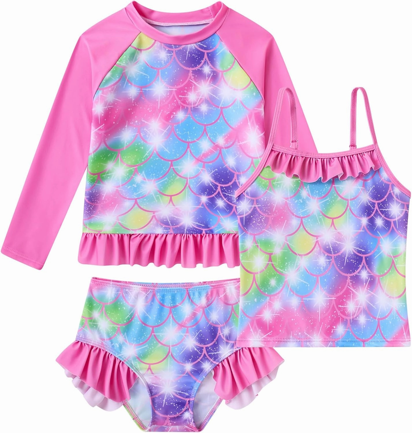 BFUSTYLE Girls Swimsuit 3 Pieces Rash Guard Kids Long Sleeves Bathing Suit 3-8 Years Sun Proction Swimwear Tankini