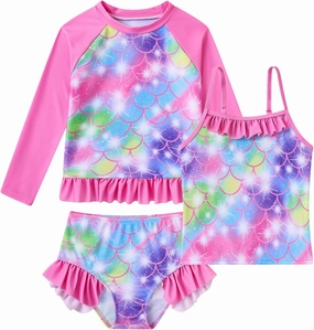 BFUSTYLE Girls Swimsuit 3 Pieces Rash Guard Kids Long Sleeves Bathing Suit 3-8 Years Sun Proction Swimwear Tankini