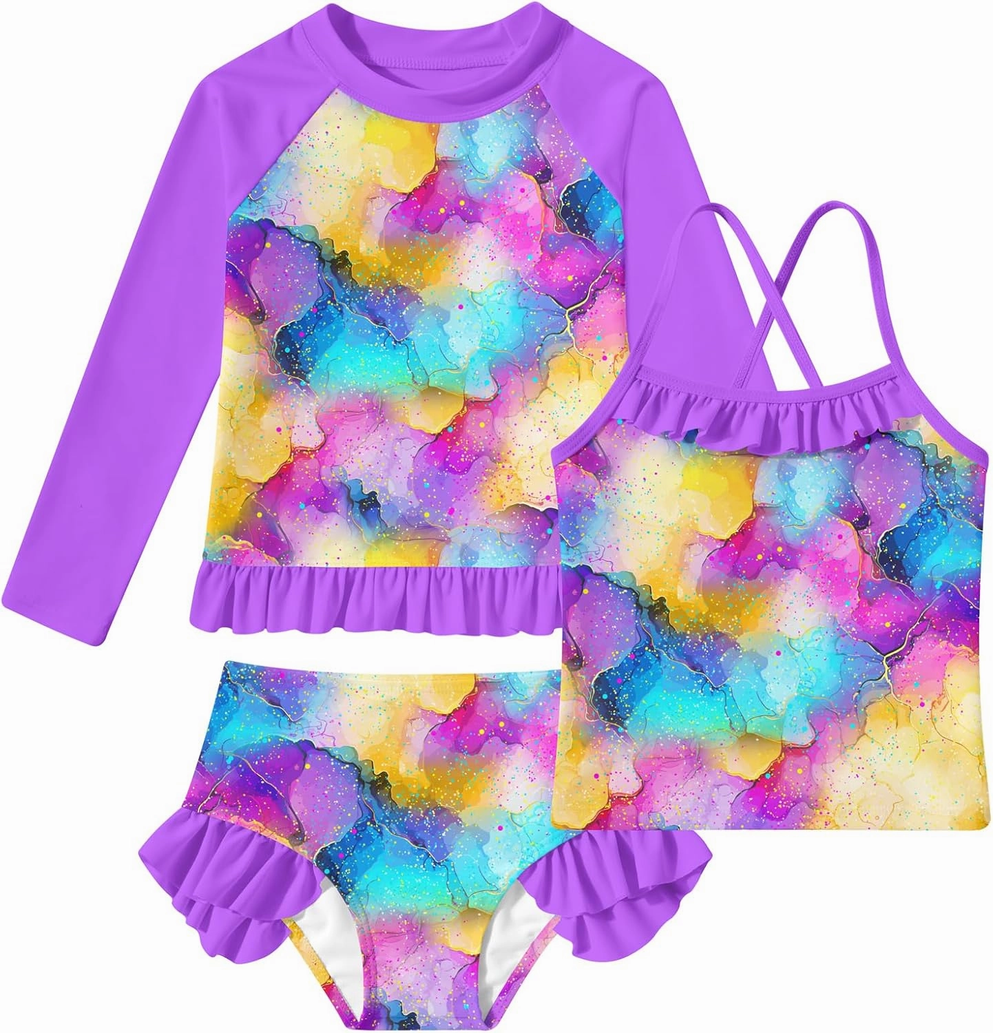 BFUSTYLE Girls Swimsuit 3 Pieces Rash Guard Kids Long Sleeves Bathing Suit 3-8 Years Sun Proction Swimwear Tankini