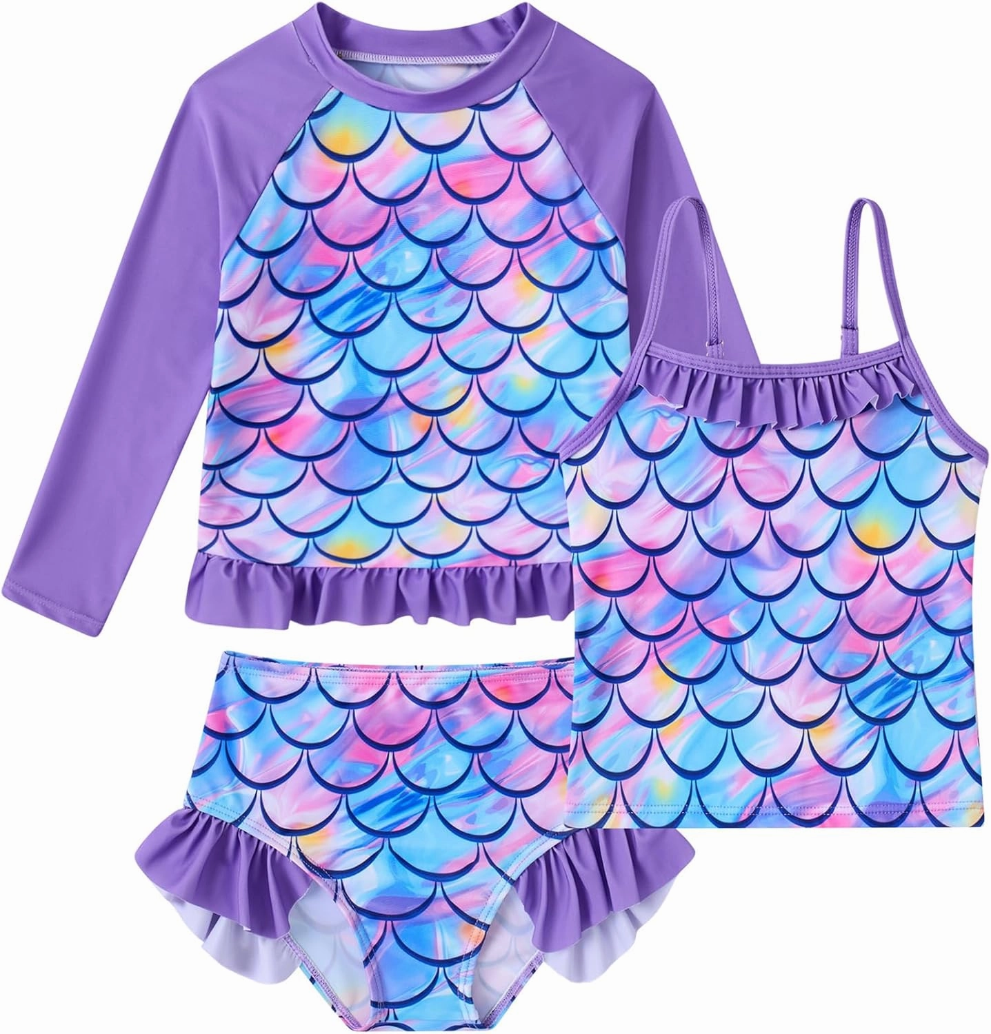 BFUSTYLE Girls Swimsuit 3 Pieces Rash Guard Kids Long Sleeves Bathing Suit 3-8 Years Sun Proction Swimwear Tankini