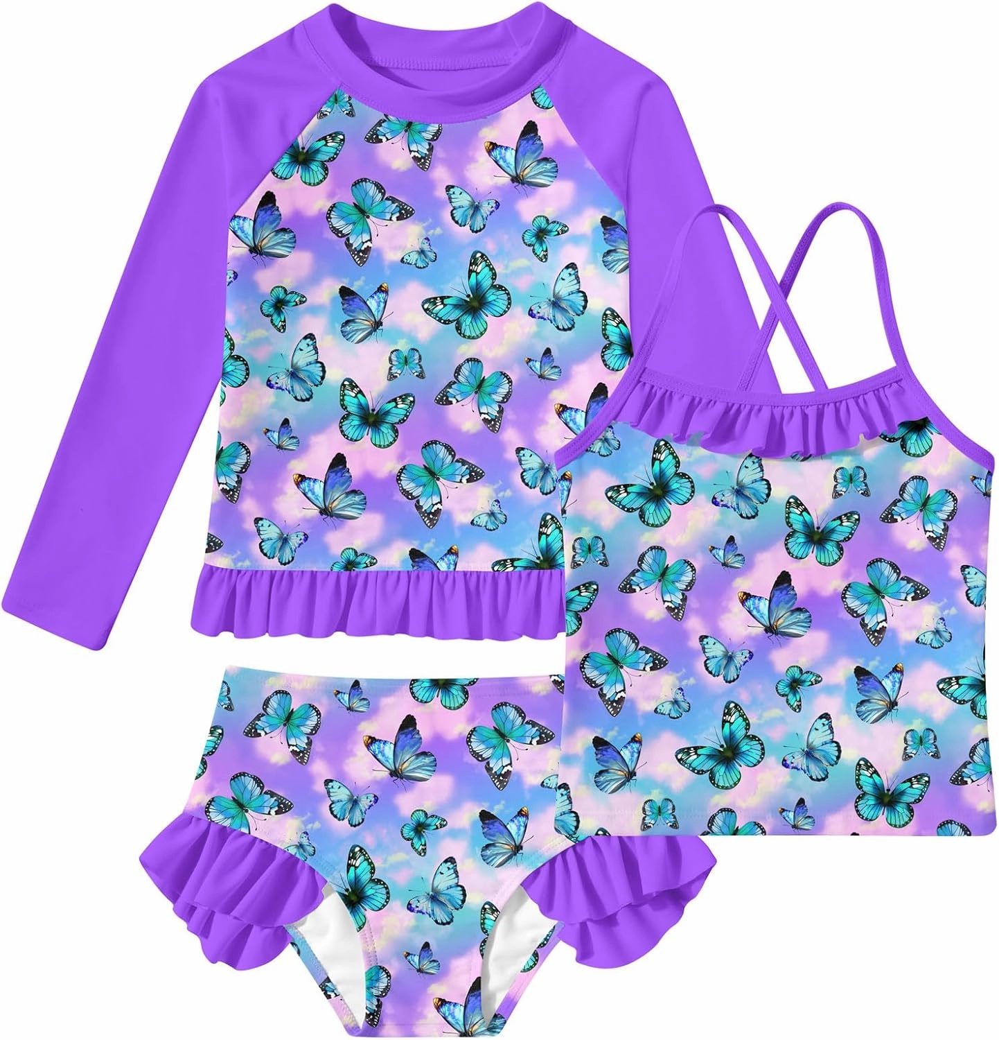 BFUSTYLE Girls Swimsuit 3 Pieces Rash Guard Kids Long Sleeves Bathing Suit 3-8 Years Sun Proction Swimwear Tankini