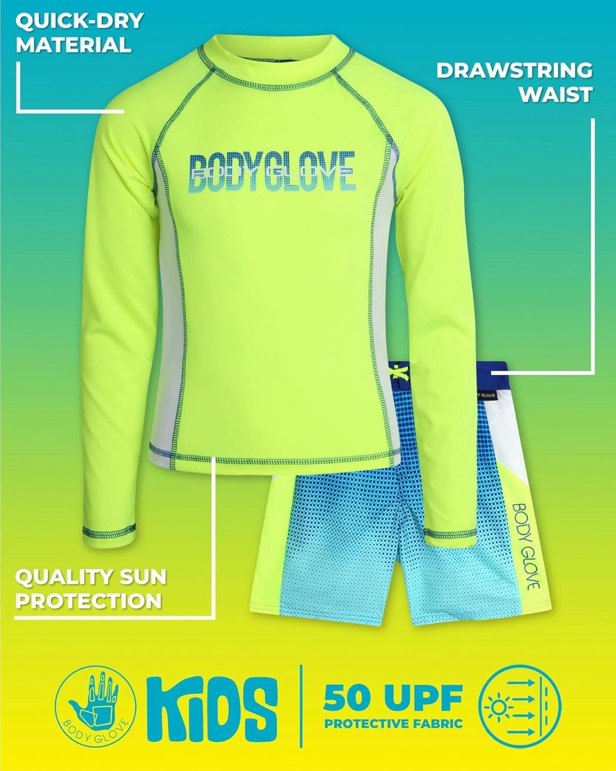 Body Glove Boys Swim Set - 2 Piece Boys Swim Trunks with Rash Guard UV Protection Swimsuit Kids Bathing Suits (Sizes 4-12)