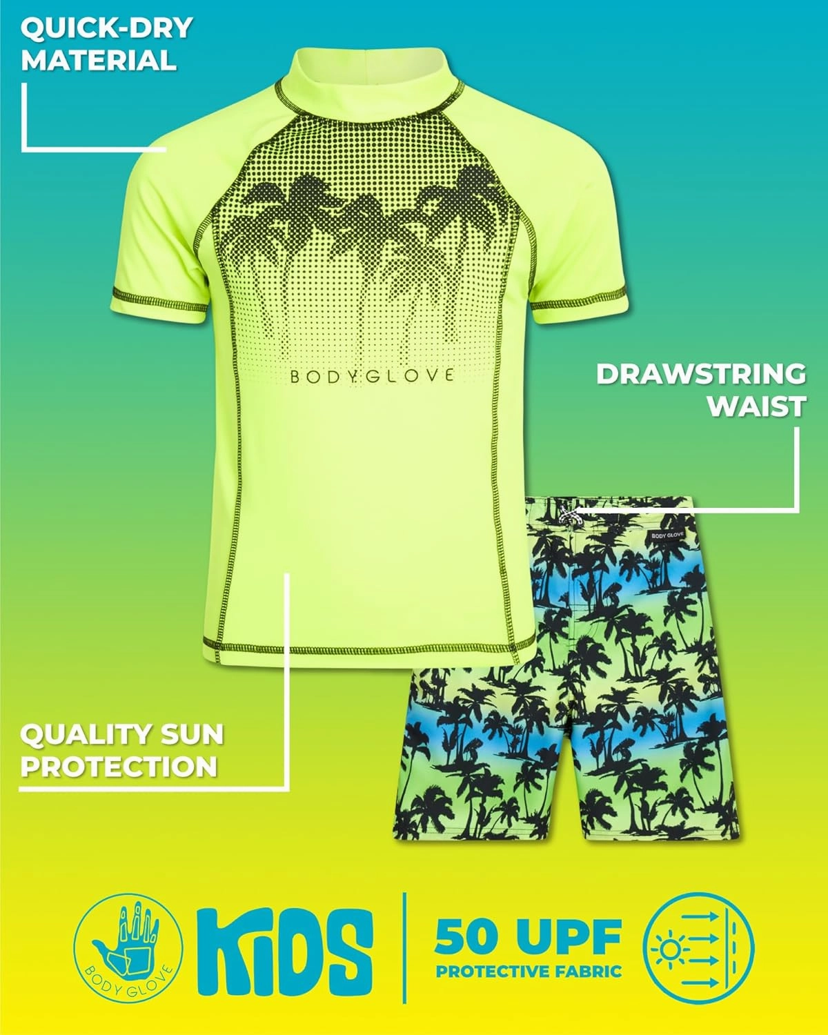 Body Glove Boys Swim Set - 2 Piece Boys Swim Trunks with Rash Guard UV Protection Swimsuit Kids Bathing Suits (Sizes 4-12)