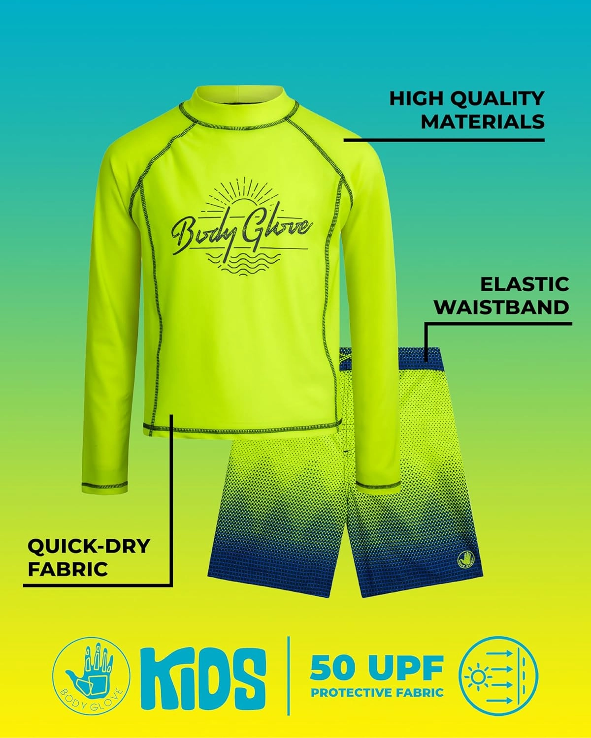 Body Glove Boys Swim Set - 2 Piece UPF 50  Swim Trunks and Rash Guard for Boys Kids Swimwear Set (Sizes: 4-12)