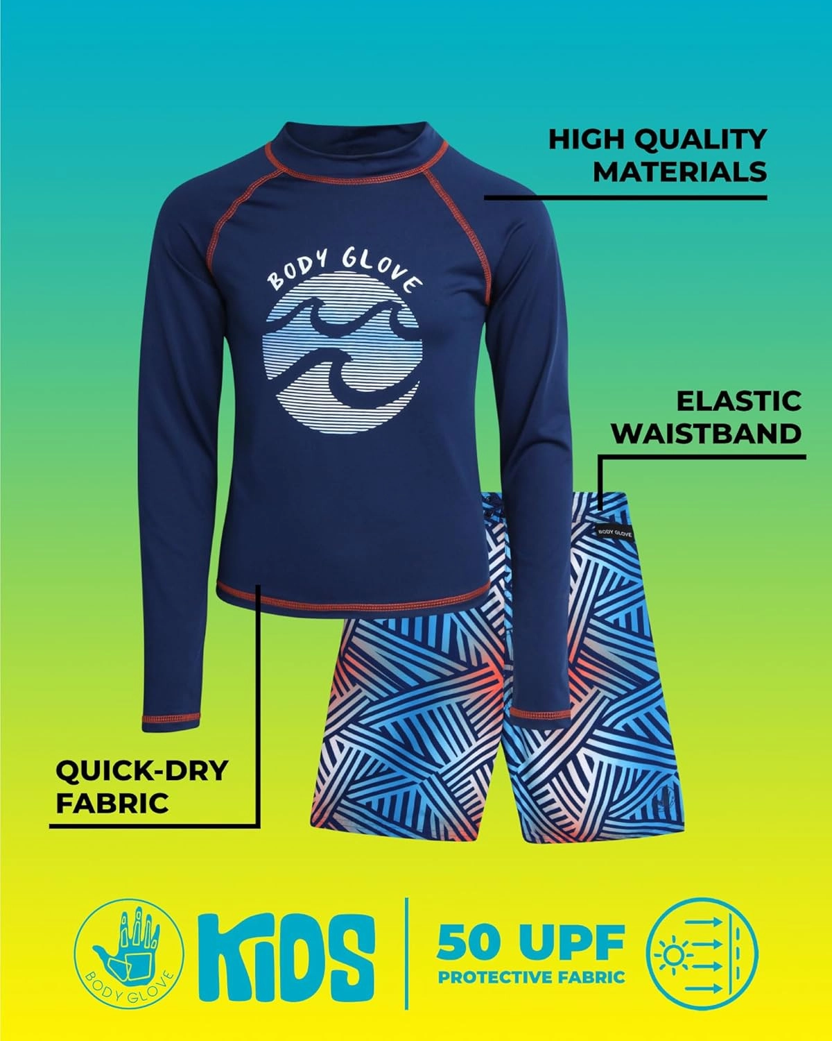 Body Glove Boys Swim Set - 2 Piece UPF 50  Swim Trunks and Rash Guard for Boys Kids Swimwear Set (Sizes: 4-12)