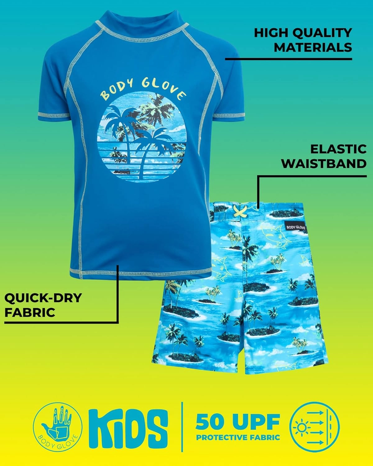 Body Glove Boys Swim Set - 2 Piece UPF 50  Swim Trunks and Rash Guard for Boys Kids Swimwear Set (Sizes: 4-12)