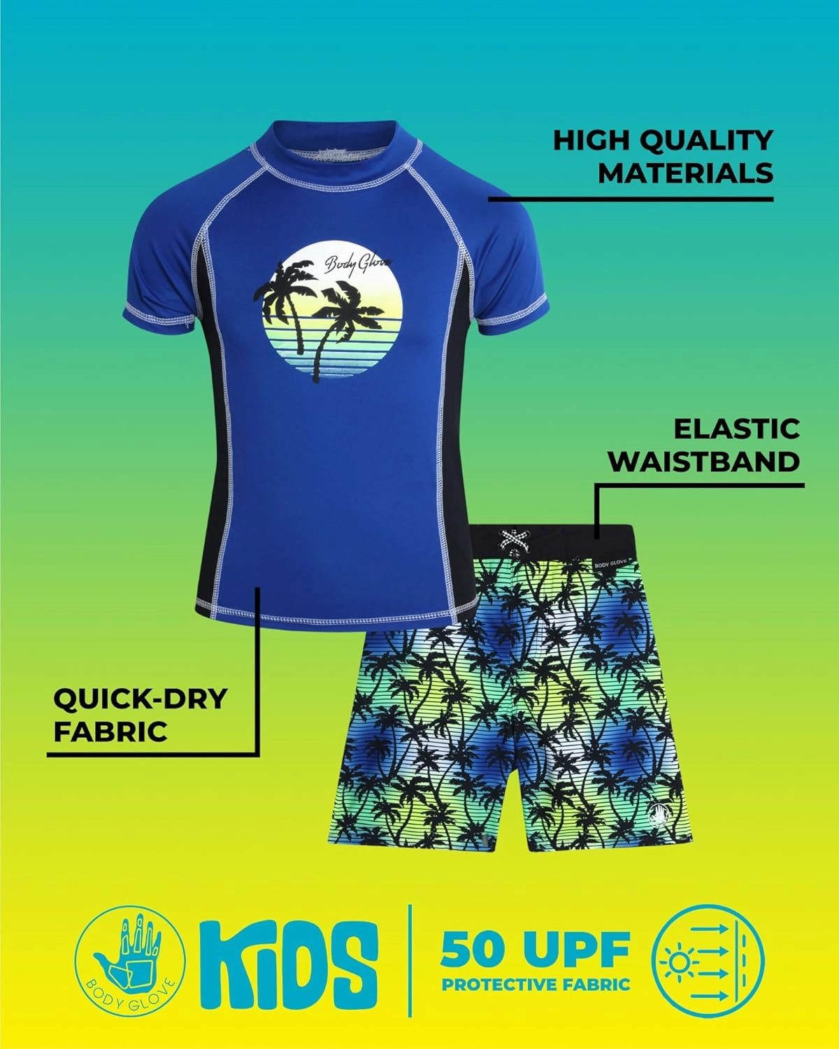 Body Glove Boys Swim Set - 2 Piece UPF 50  Swim Trunks and Rash Guard for Boys Kids Swimwear Set (Sizes: 4-12)