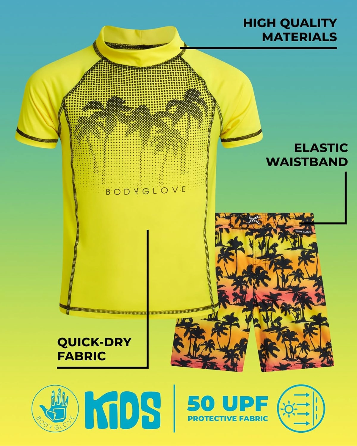 Body Glove Boys Swim Set - 4 Piece UPF 50  Swim Trunks and Rash Guard for Boys Kids Swimwear Set (Sizes: 4-12)
