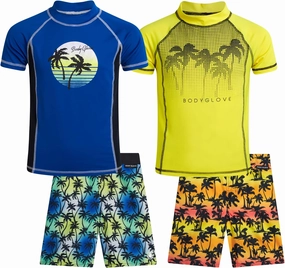 Body Glove Boys Swim Set - 4 Piece UPF 50  Swim Trunks and Rash Guard for Boys Kids Swimwear Set (Sizes: 4-12)