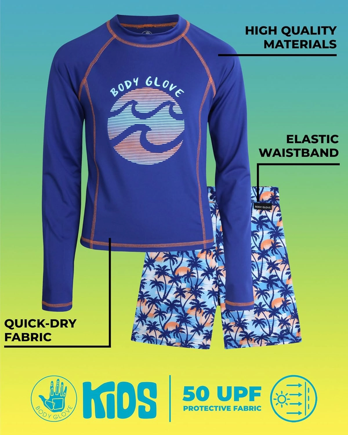 Body Glove Boys Swim Set - Boys Swim Trunks with Rash Guard UPF50  2 Piece Bathing Suits with Shorts Swimsuit Set (Size 4-12)