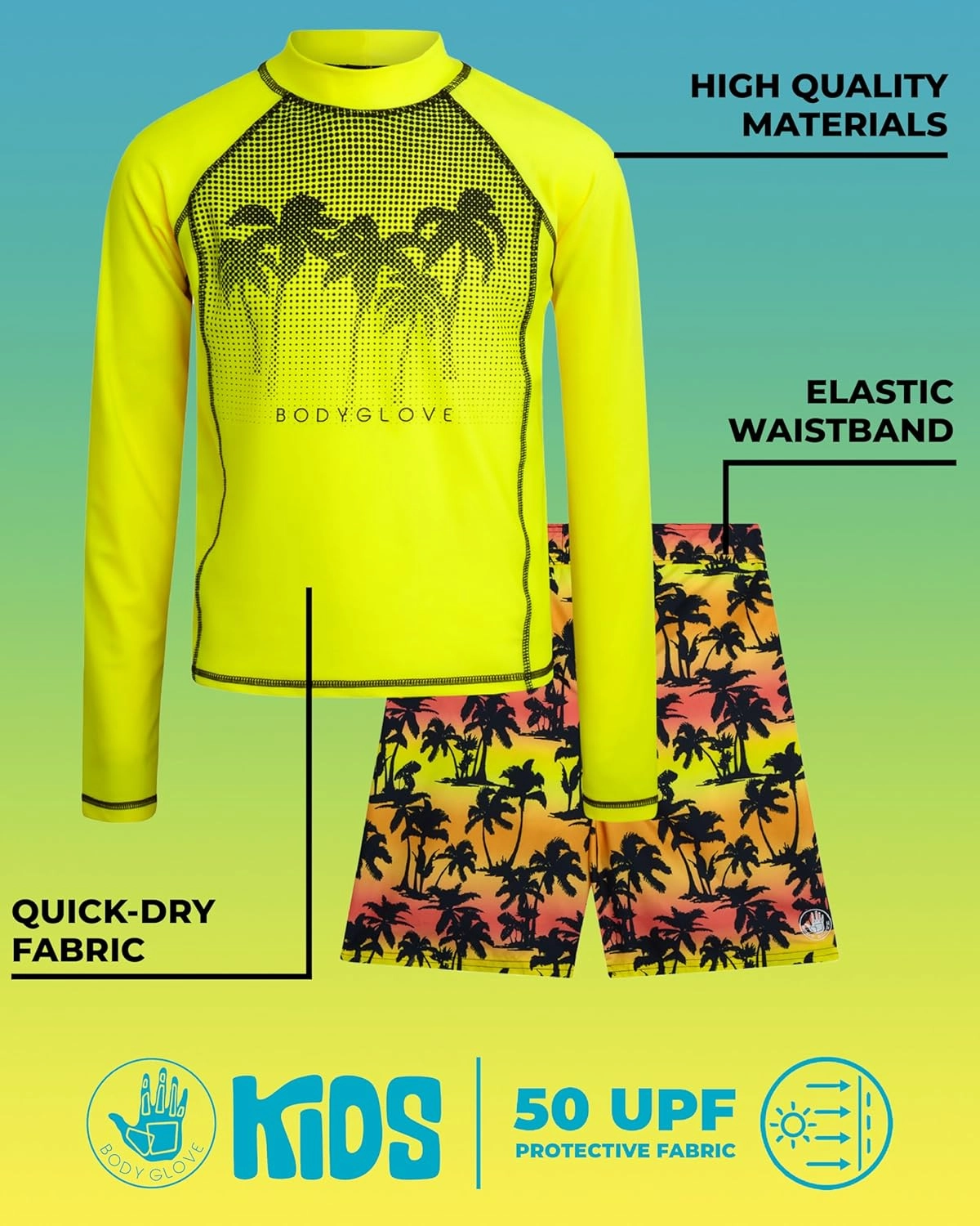 Body Glove Boys Swim Set - Boys Swim Trunks with Rash Guard UPF50  2 Piece Bathing Suits with Shorts Swimsuit Set (Size 4-12)