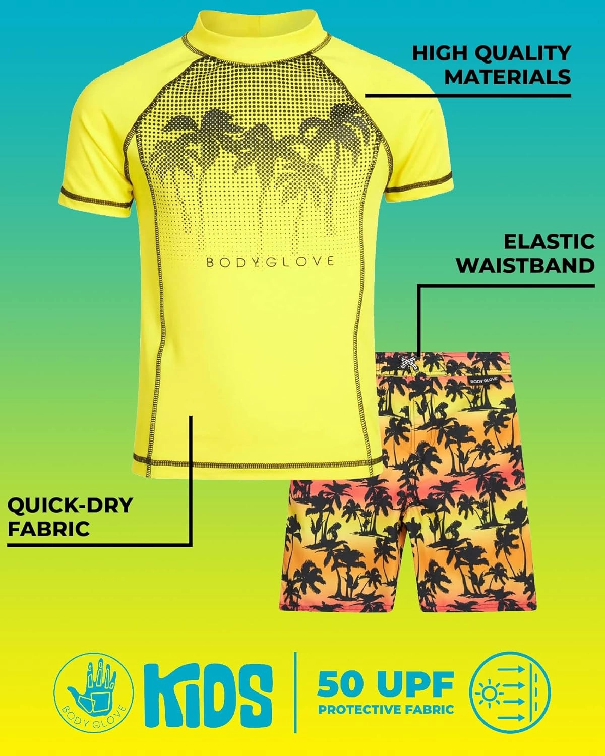 Body Glove Boys Swim Set - Boys Swim Trunks with Rash Guard UPF50  2 Piece Bathing Suits with Shorts Swimsuit Set (Size 4-12)