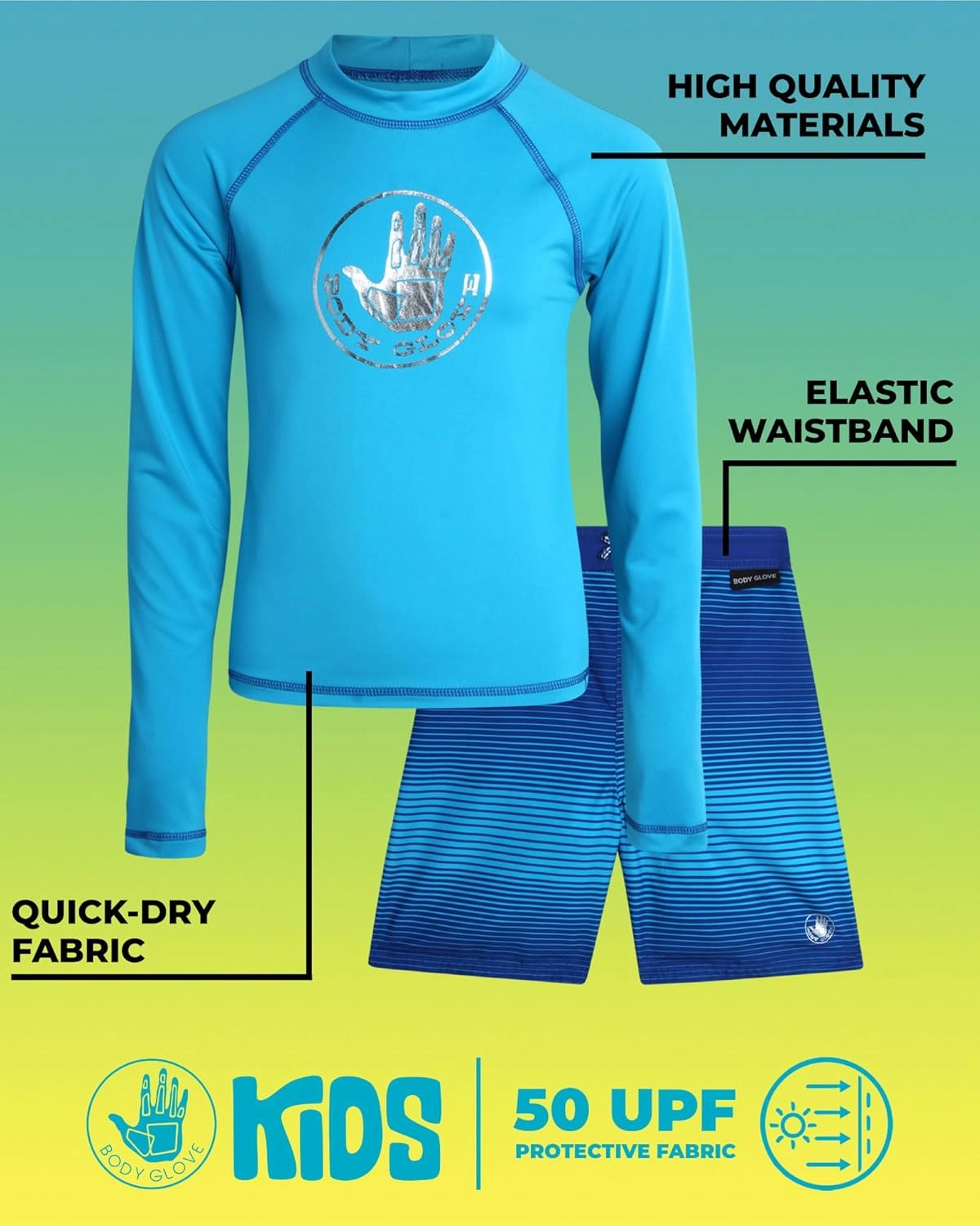 Body Glove Boys Swim Set - Boys Swim Trunks with Rash Guard UPF50  2 Piece Bathing Suits with Shorts Swimsuit Set (Size 4-12)