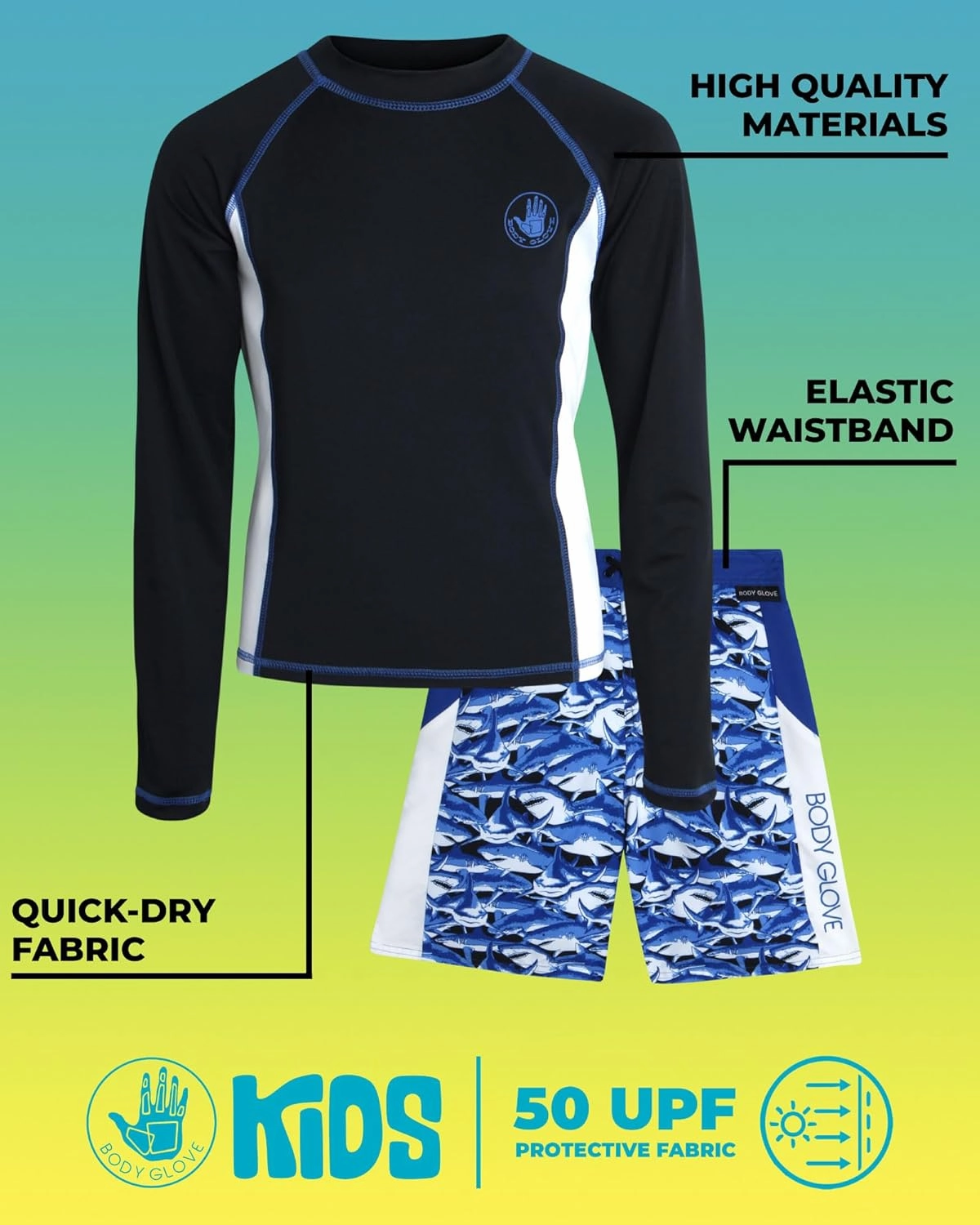 Body Glove Boys Swim Set - Boys Swim Trunks with Rash Guard UPF50  2 Piece Bathing Suits with Shorts Swimsuit Set (Size 4-12)