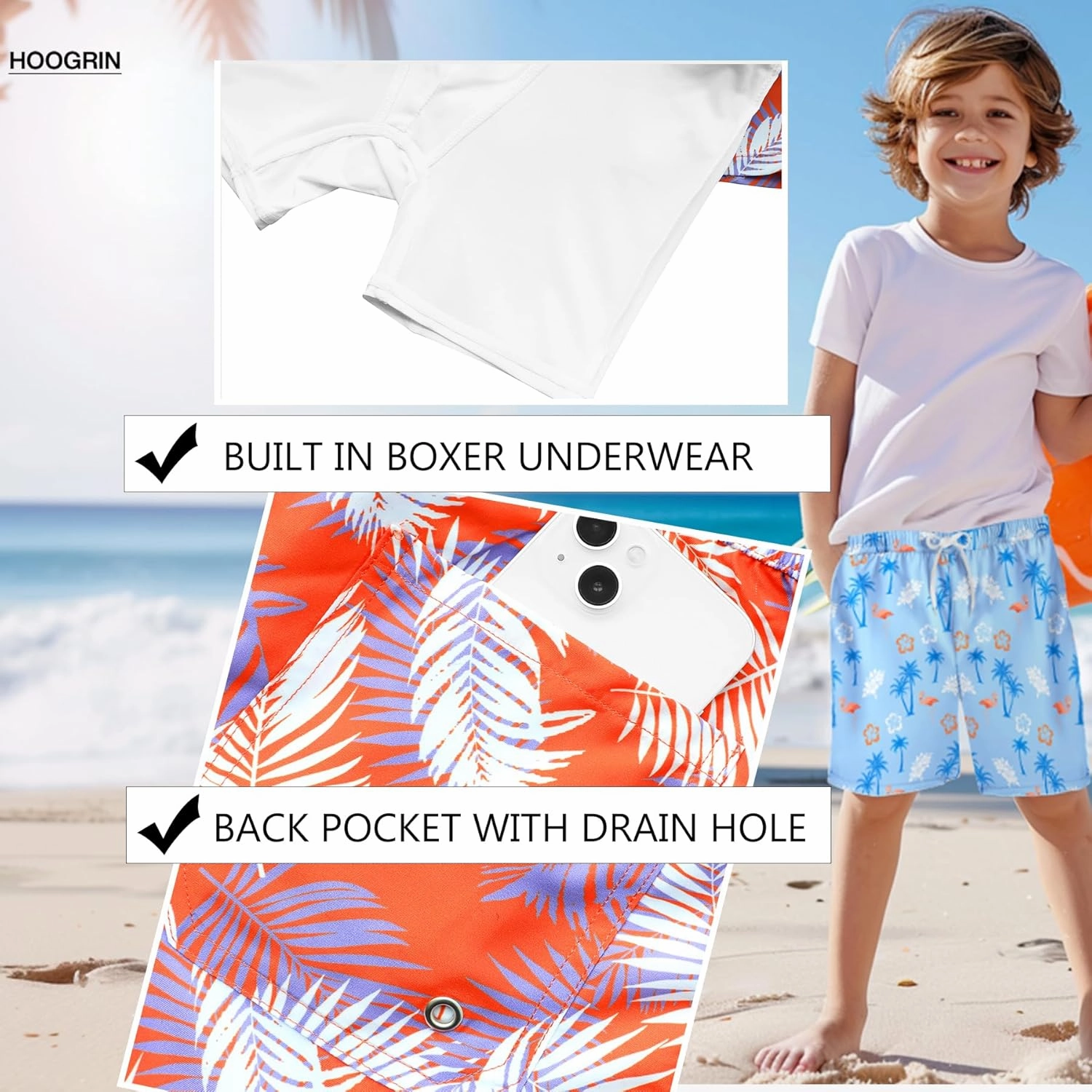 Boys Quick Dry Swim Trunks with Compression Liner 2 in 1 Beach Stretch Swim Shorts