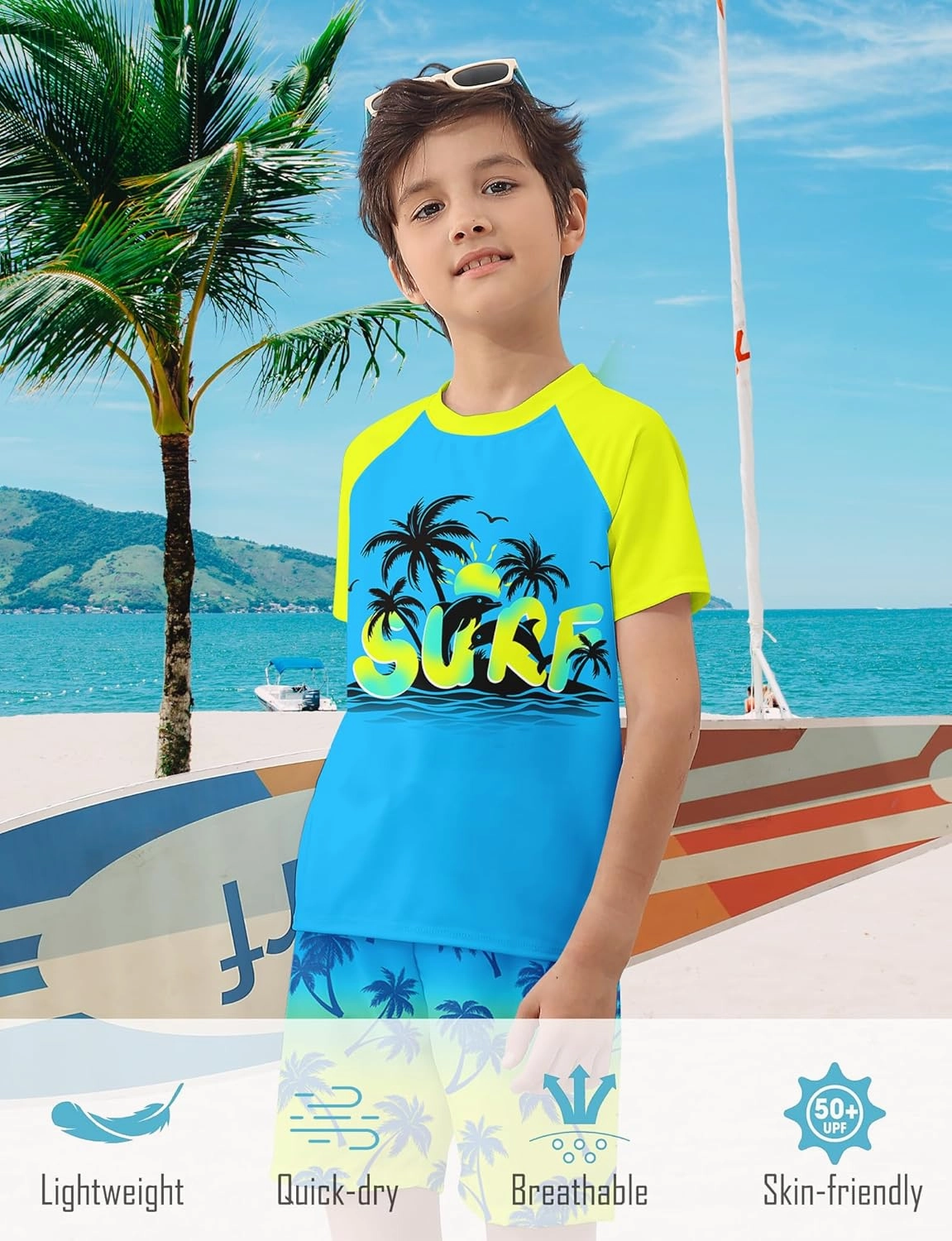 Boys Short Sleeve Rash Guard Swimsuit Set with Swim Trunks for 4-12 Years